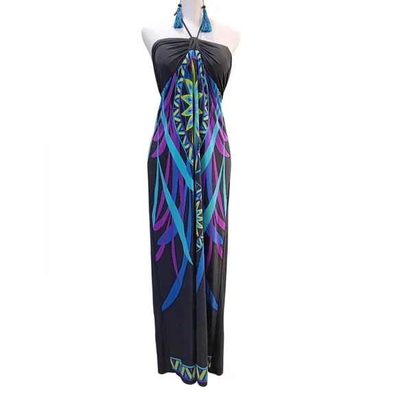 A.Byer Black Halter Style Maxi Dress with Blue and Purple Pattern - Picture 1 of 2